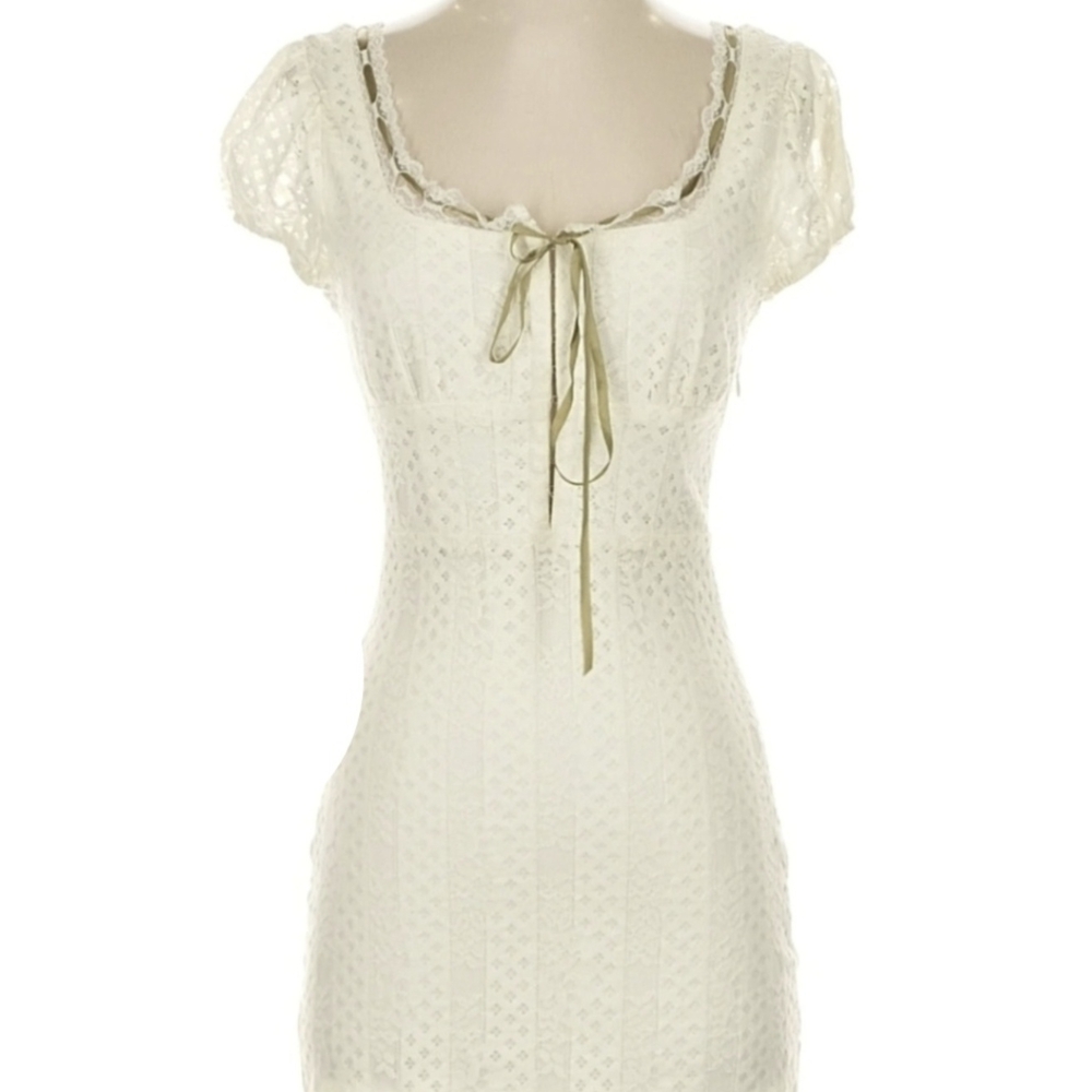 White Coquette Fitted Lace Dress with Ribbon Detail